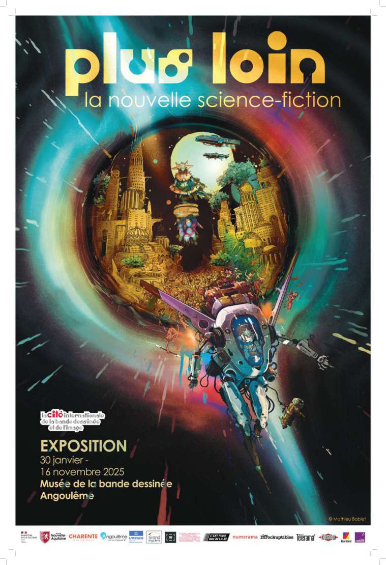 affiche de l'expo Plus loin. La nouvelle science-fiction ©Mathieu Bablet