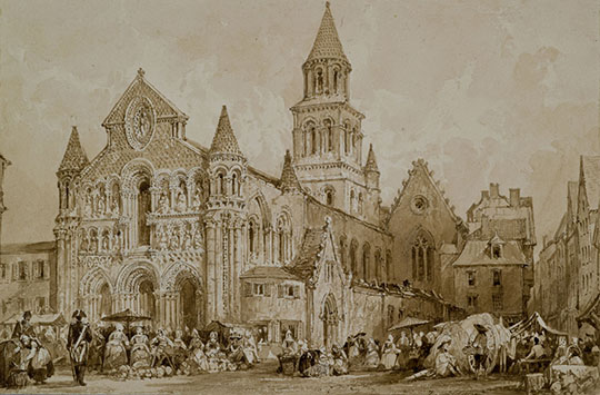 Scène de la vie quotidienne au pied de l’église Notre Dame la grande vers 1830 par Thomas Allom.