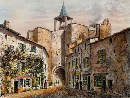 Lithogravure : La tour de l’horloge de Parthenay par Eugène Sadoux.